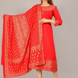SIPET Floral Printed Round Neck A-Line Midi Dresses With Dupatta-image-14