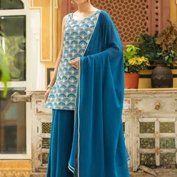 Janasya Geometric Embroidered Sequinned Kurti with Sharara & Dupatta-3