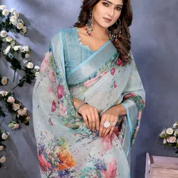Jya Blue Floral Printed Linen Shimmer Ethnic Sarees-image-75