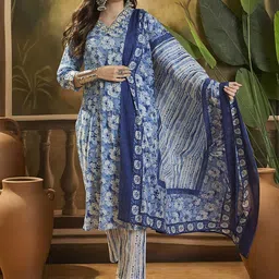 Sangria Floral Printed Straight Kurta With Trouser & Dupatta Set-4