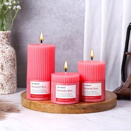 Asian Aura Romantic Rose Ribbed Pillar Candles Pack of 3 Scented Candles for Home Dcor-11