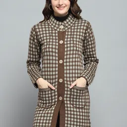 Monte Carlo Checked Round Neck Full Sleeve Single-Breasted Knitted Coat-picture-1