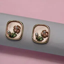 ADC SHEMONA Gold-Plated Square Shaped Floral Artificial Stones Studded Studs-8