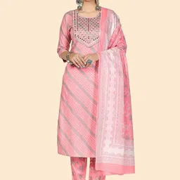 KALINI Leheriya Printed Mirror Work Round Neck Pure Cotton Kurta With Trousers & Dupatta-8