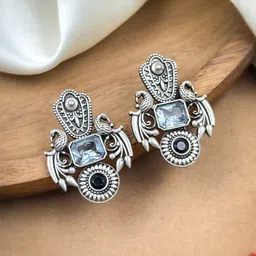 NAMAN ARTS Silver-Plated Artificial Stones and Beads Oxidised Contemporary Drop Earrings-6
