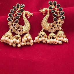 Saizen Gold-Plated Kundan Studded & Pearls Beaded Peacock Shaped Jhumkas-image-80