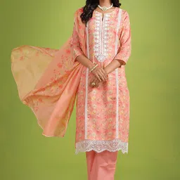 Sangria Floral Printed Thread Work Pure Cotton Kurta with Trousers & Dupatta-35