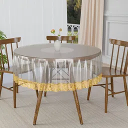 Kuber Industries Transparent & Gold-Toned Floral PVC Round 4-Seater Table Cover-4