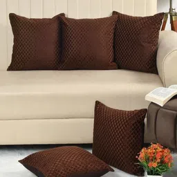 HOMECROWN Brown 5 Pieces Textured Velvet Square Cushion Covers-4
