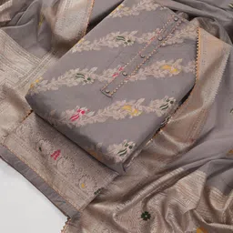 Riti Floral Embroidered Thread Work Round Neck Unstitched Dress Material-image-88