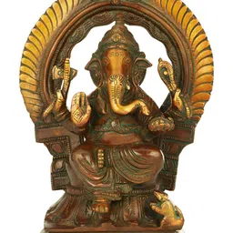 Exotic India Double Chola Gold-Toned & Brown Lord Ganesha Religious Brass Idol Showpiece-image-3