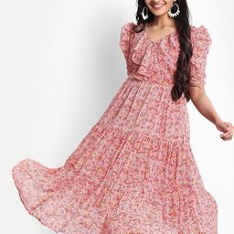 VenderVilla Women Floral Print Puff Sleeve Ruffled Georgette Tiered Fit & Flare Midi Dress-image-88