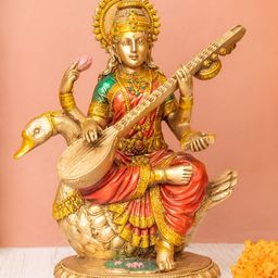 The Advitya Gold-Toned & Red Goddess Saraswathi Religious Idol Showpiece-5