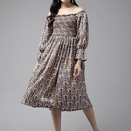 BAESD Printed Off-Shoulder Bell Sleeves Georgette A-Line Midi Dress-image-87