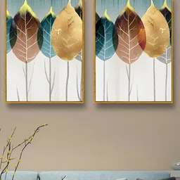 Art Street Gold-Toned & White 2 Pieces Leaves Printed Canvas Wall Paintings-image-82