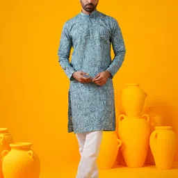 SOJANYA Men Floral Embroidered Regular Kantha Work Kurta with Pyjamas-13