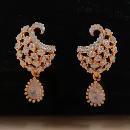 JYONA Gold Plated Cubic Zirconia Studded Contemporary Shaped Drop Earrings-image-78