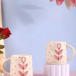 Olive Home Accents Off White & Red Printed Stoneware Glossy Mugs Set of Cups and Mugs-7