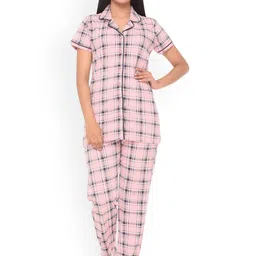 WOOL 4U Women Checked Printed Shirt Collar Night suit-3