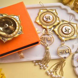 HOMEARTE 3Pcs Orange-Colored & Yellow Door Hangings & Diyas Gift Set-image-72