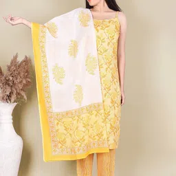 Indiwest Women Floral Printed Cotton Kurta with Trousers & Dupatta-image-2