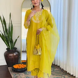 SHREE KHODAL FASHION Ethnic Motifs Embroidered Thread Work Kurta With Trousers & Dupatta-picture-38