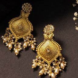 PANASH Gold-Plated Artificial Stones Studded & Beaded Floral Shaped Drop Earrings-49