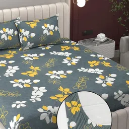 Myntra Elegant Homes Grey & Yellow Printed 300TC Fitted King Bedsheet Set 1.98m x 1.82m-10