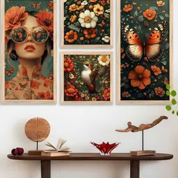 WALLLANE Brown 4 Piece Wood Floral and Botanical Wall Paintings-42