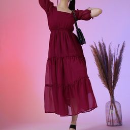 Krunal Raiyani Women Puff Sleeve Tiered Fit & Flare Midi Dress-picture-45