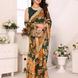 ROOP SUNDARI SAREES Floral Printed Sequinned Organza Saree-image-37