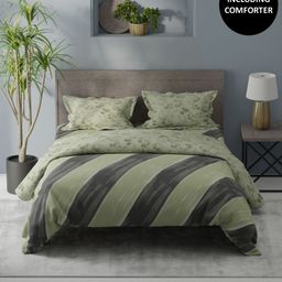 KOPA Green & Grey Striped Cotton Fitted Double Queen Regular Bedding Set-57