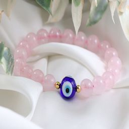 Nirvana Unisex Gold-Plated Crystals Rose Quartz and Blue Evil Eye Stretch Bracelet-23