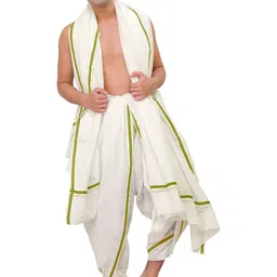 Exotic India Men Pure Cotton Plain Dhoti and Angavastram Set with Striped Border-image-79