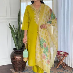 KALINI Floral Yoke Design V Neck Thread Work Kurta With Trousers & Dupatta-picture-50