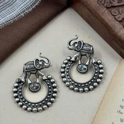 NAMAN ARTS Silver-Plated Artificial Stones Studded Circular Shaped Drop Earrings-86