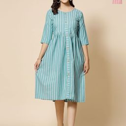 Moda Rapido Pack Of 2 Striped Mandarin Collar Pure Cotton A-Line Dress-image-3