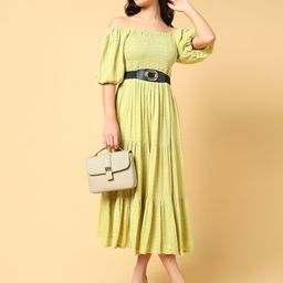 SHOWOFF Off-Shoulder Puff Sleeve Crepe Fit & Flare Midi Dress-image-41