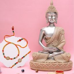 Aapno Rajasthan Set Of 2 Thread Rakhi With Silver Buddha Idol & Roli Chawal-image-11
