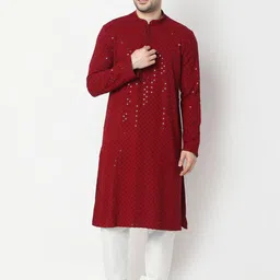 Ethnicity Geometric Embroidered Sequinned Mandarin Collar Straight Kurta with Churidar-image-21