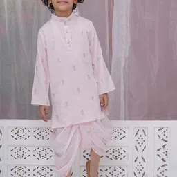 Little Bansi Boys Floral Woven Design Mandarin Collar Pure Cotton Kurta With Dhoti Pants-20