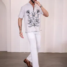Eszett Floral Printed Cuban Collar Pure Cotton Shirt-image-86