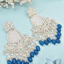 MEIRA JEWELLERY Silver Plated Kundan Stones Studded & Pearls Beaded Circular Chandbalis-4