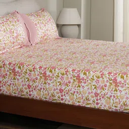 MASPAR Pink & White Floral Printed Cotton 200 TC Fitted Double Bedsheet Set 1.83 x 1.98 m-image-75