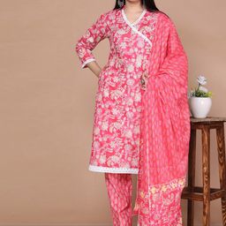 ANTU KURTIES Floral Printed Angrakha Pure Cotton Straight Kurta with Palazzo & Dupatta-image-73