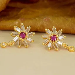 Anouk Gold Plated Pink Floral AD Diamond Studs Earrings-image-75