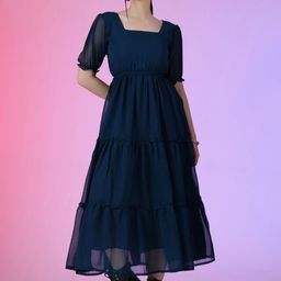 Krunal Raiyani Women Square Neck Puff Sleeve Fit & Flare Midi Dress-picture-8