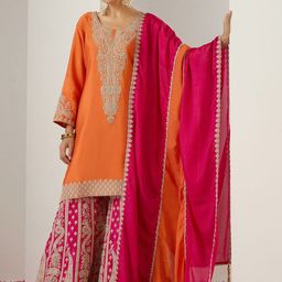 Ishin Orange Ethnic Motifs Embroidered Chinon Straight Kurta With Sharara & Dupatta-image-76