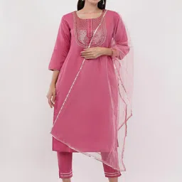 dhartii Women Floral Embroidered Pure Cotton Kurta with Trousers & With Dupatta-image-13