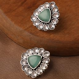 VENI 92.5 Silver-Plated Artificial Stone Studded Contemporary Shaped Oxidised Studs-5
